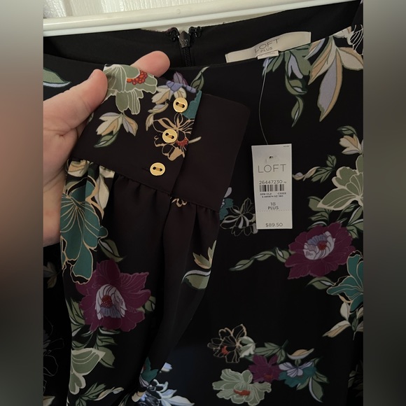 LOFT Long Sleeve Square Neck Black Midi Dress with Purple & Green Floral Print - Picture 4 of 6